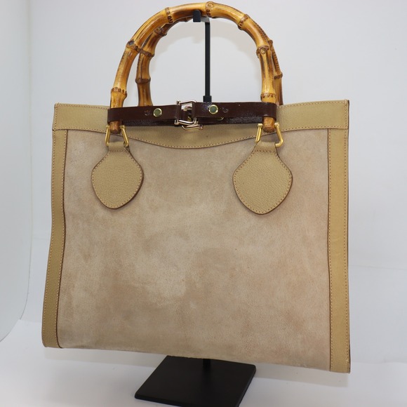 Gucci Handbags - Vintage Gucci Diana Tote Large Tan Womens Bamboo Handle Suede Leather Bag